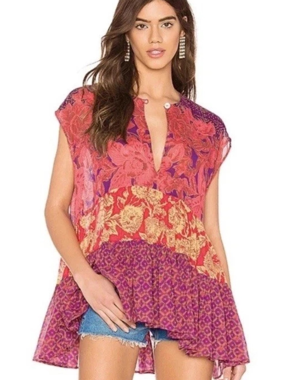 Free People Red and Gold Patterned tiered flare Boho Tunic M